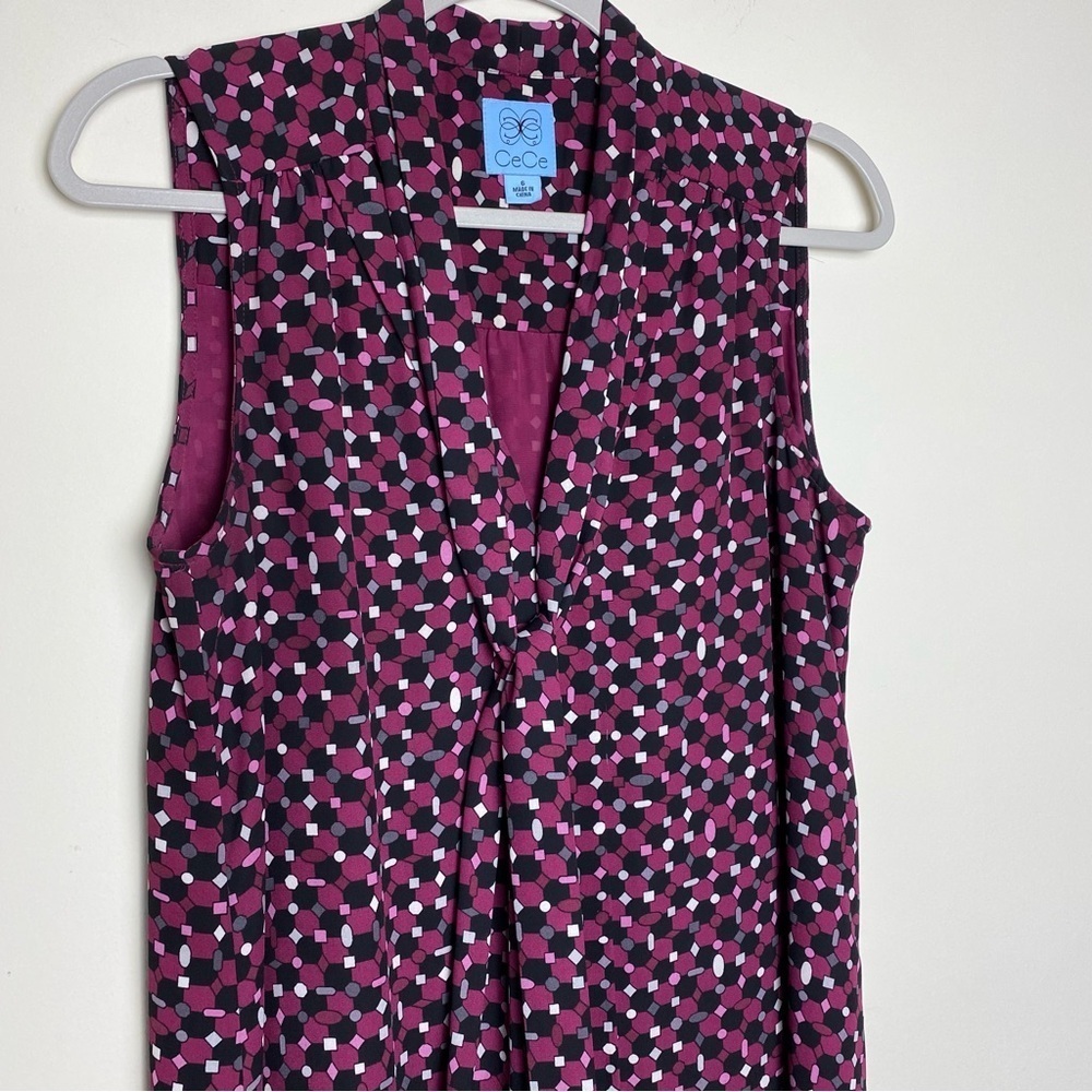 CECE Dress Womens Size 8 Tie Neck Sleeveless Geo Print Maroon Black Corpcore